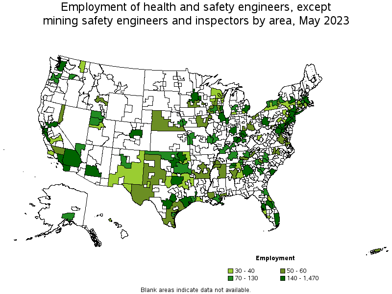 Map of employment of health and safety engineers, except mining safety engineers and inspectors by area, May 2021