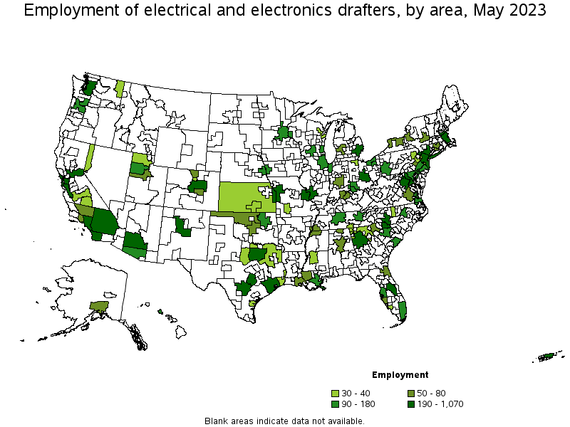 Map of employment of electrical and electronics drafters by area, May 2023