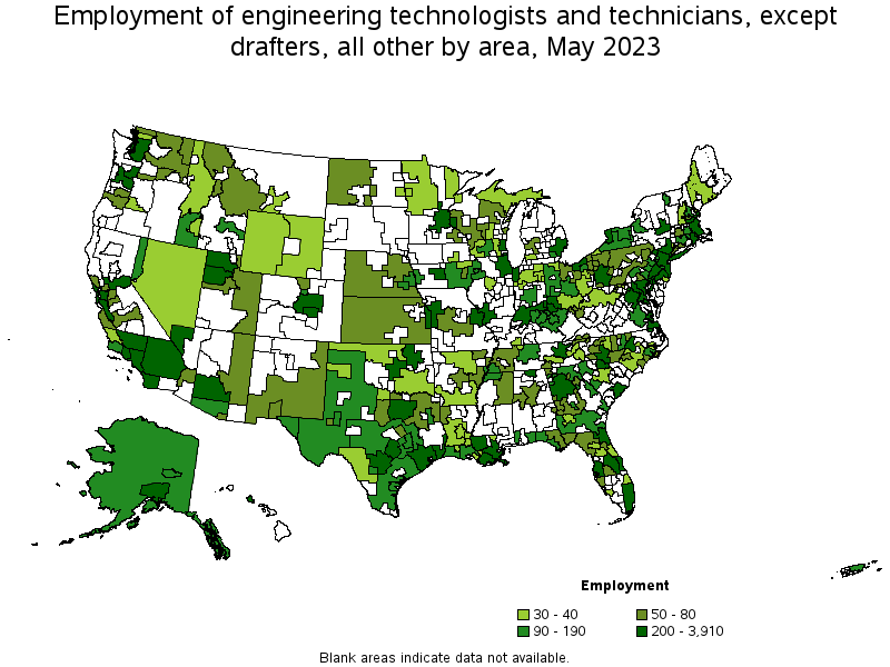Map of employment of engineering technologists and technicians, except drafters, all other by area, May 2022