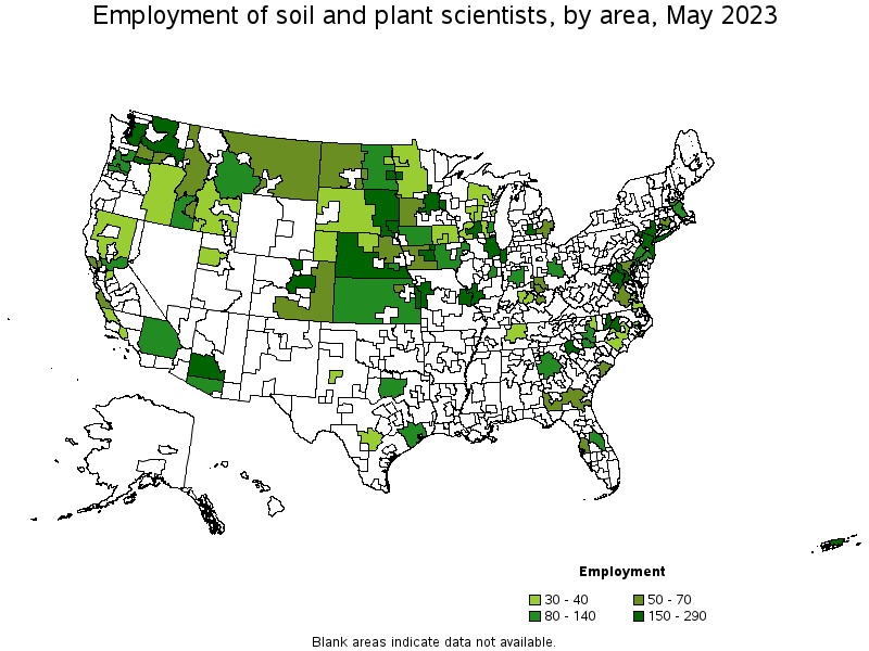 Map of employment of soil and plant scientists by area, May 2022
