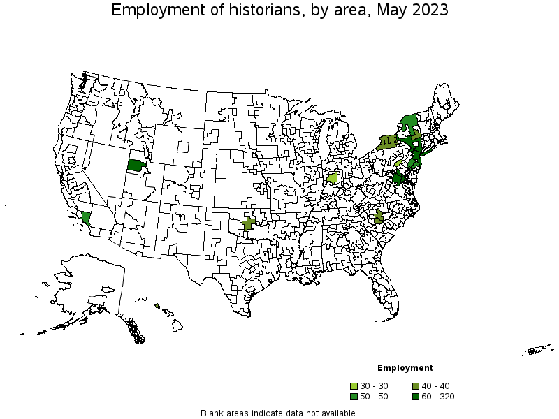 Map of employment of historians by area, May 2023