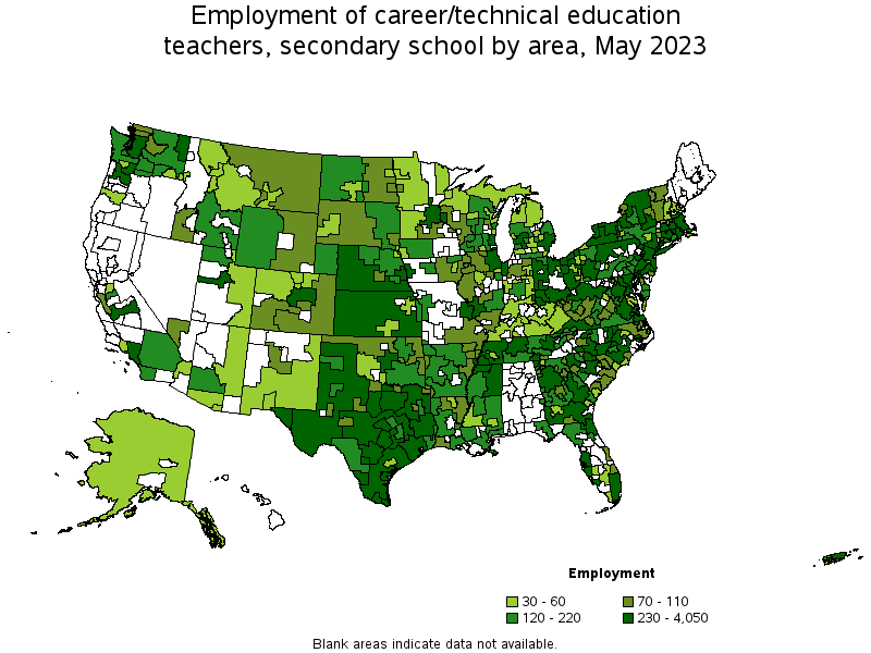 Map of employment of career/technical education teachers, secondary school by area, May 2023
