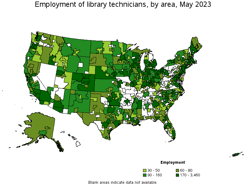 Map of employment of library technicians by area, May 2021