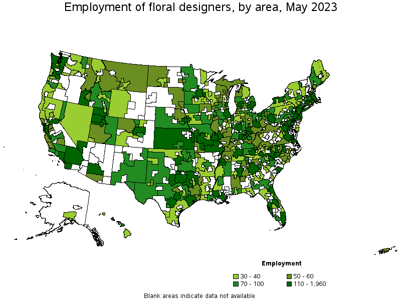 Map of employment of floral designers by area, May 2022