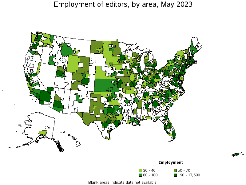 Map of employment of editors by area, May 2023