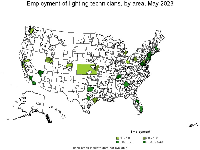 Map of employment of lighting technicians by area, May 2022