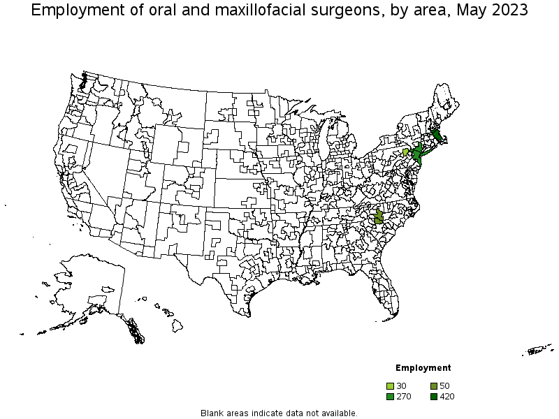 Map of employment of oral and maxillofacial surgeons by area, May 2023