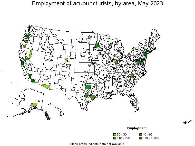 Map of employment of acupuncturists by area, May 2021