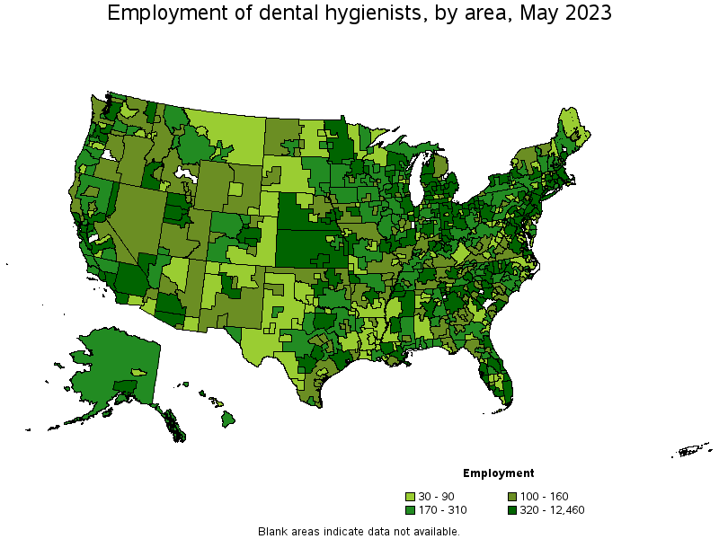 Map of employment of dental hygienists by area, May 2023