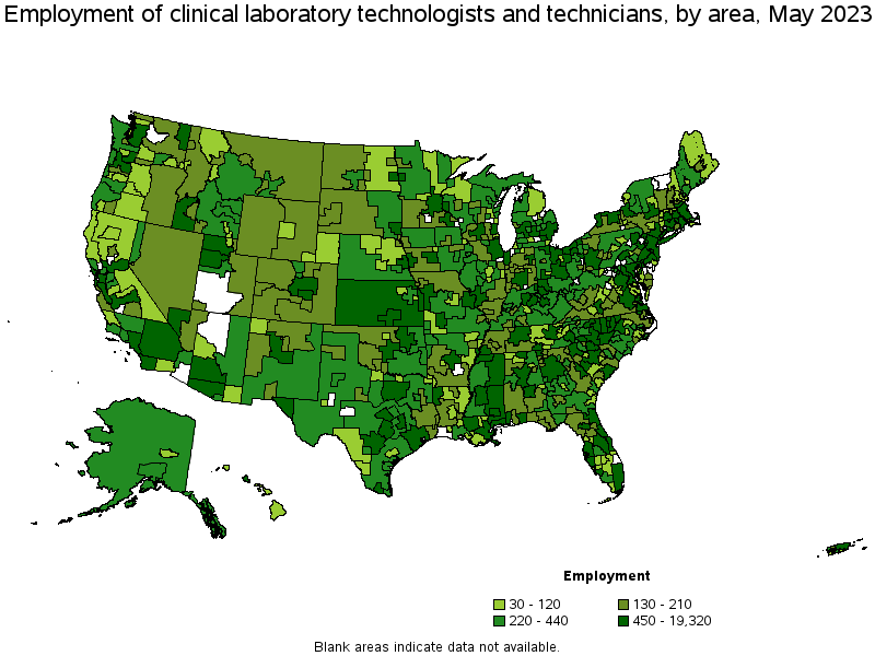 Map of employment of clinical laboratory technologists and technicians by area, May 2022