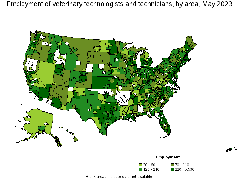 Map of employment of veterinary technologists and technicians by area, May 2023