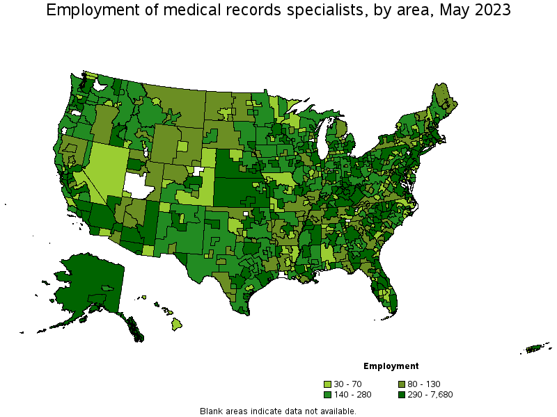 Map of employment of medical records specialists by area, May 2021