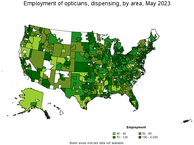Map of employment of opticians, dispensing by area, May 2023