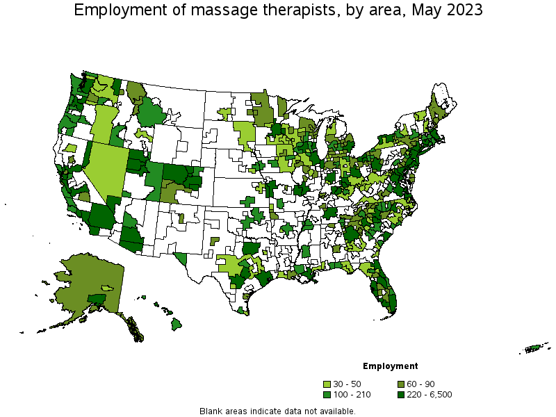Map of employment of massage therapists by area, May 2021