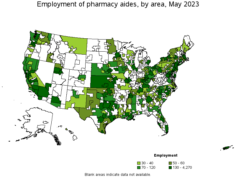 Map of employment of pharmacy aides by area, May 2021