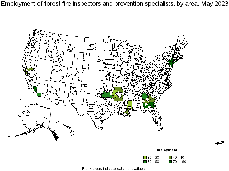 Map of employment of forest fire inspectors and prevention specialists by area, May 2023