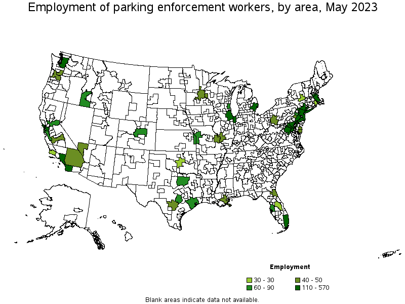Map of employment of parking enforcement workers by area, May 2023
