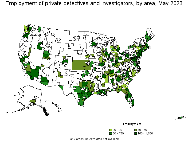 Map of employment of private detectives and investigators by area, May 2023