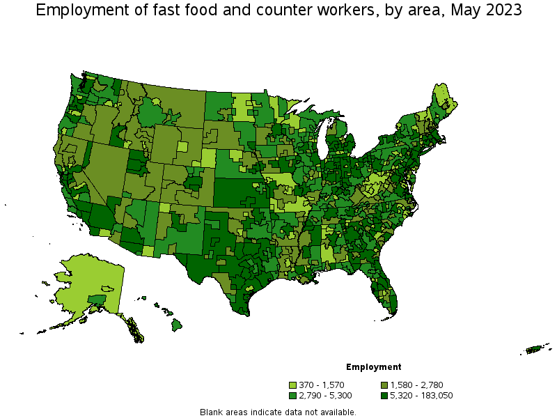 Map of employment of fast food and counter workers by area, May 2023