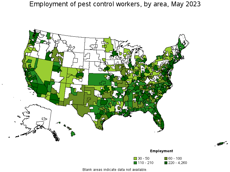 Map of employment of pest control workers by area, May 2021