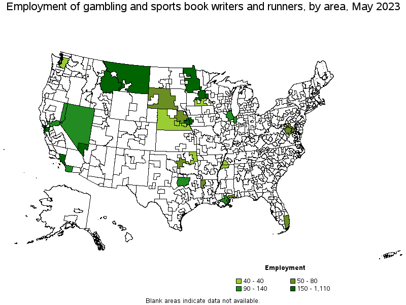 Map of employment of gambling and sports book writers and runners by area, May 2021