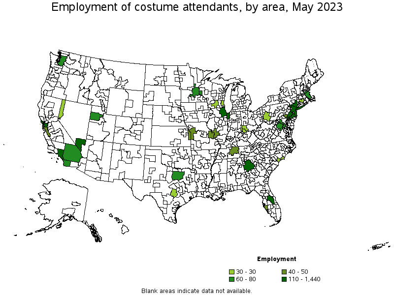 Map of employment of costume attendants by area, May 2023