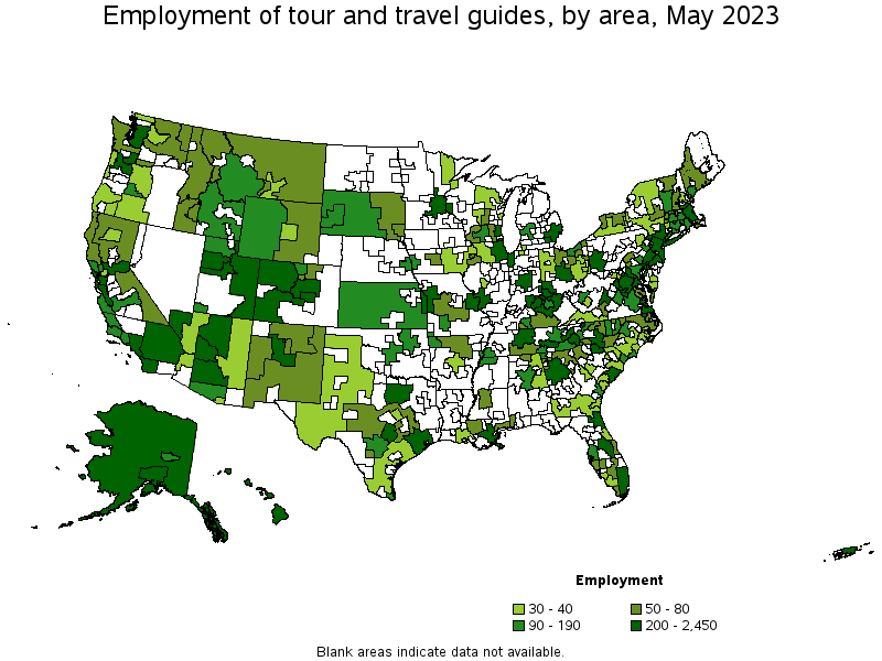 Map of employment of tour and travel guides by area, May 2022