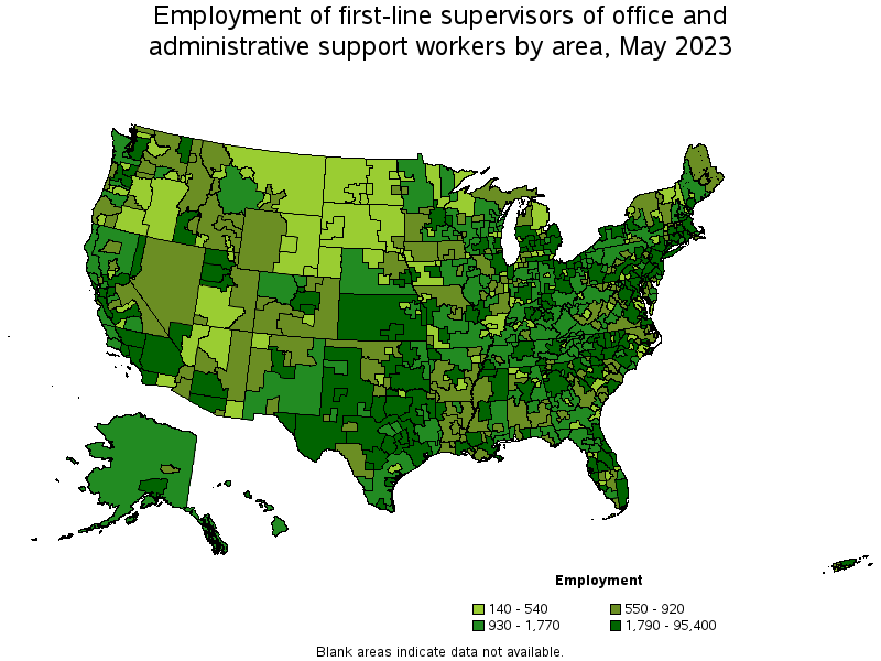 Map of employment of first-line supervisors of office and administrative support workers by area, May 2023