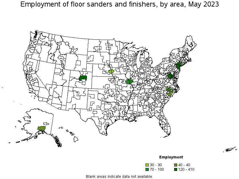 Map of employment of floor sanders and finishers by area, May 2023
