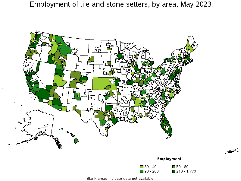 Map of employment of tile and stone setters by area, May 2022