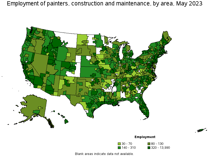 Map of employment of painters, construction and maintenance by area, May 2021