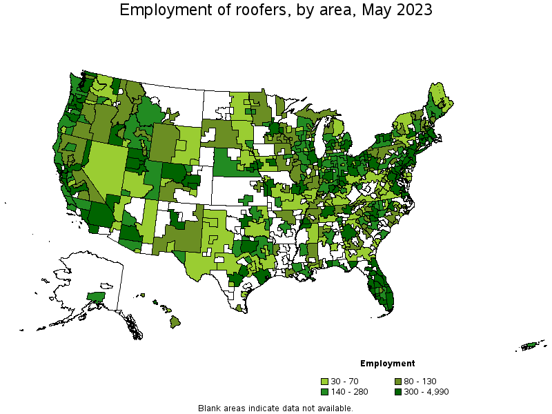 Map of employment of roofers by area, May 2021