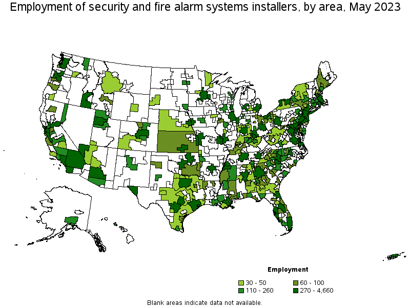 Map of employment of security and fire alarm systems installers by area, May 2022