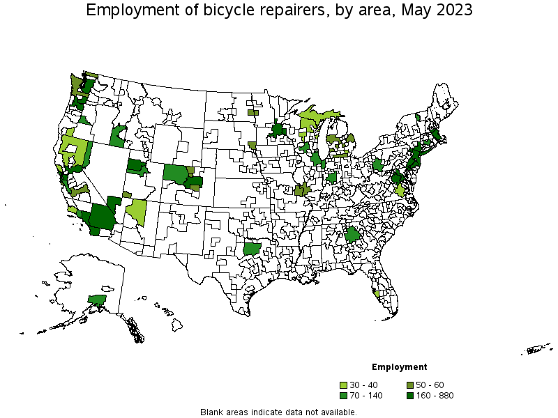 Map of employment of bicycle repairers by area, May 2023