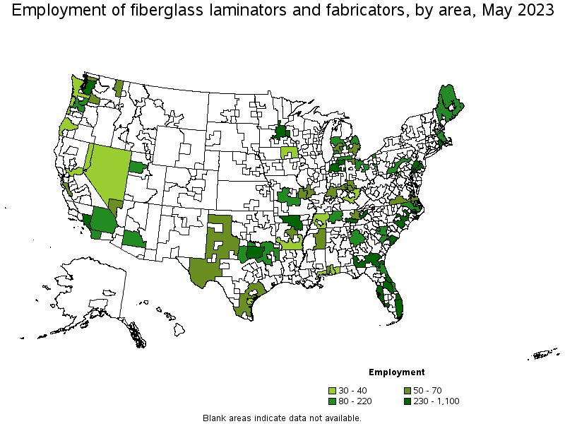 Map of employment of fiberglass laminators and fabricators by area, May 2022