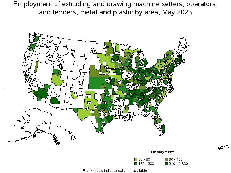 Map of employment of extruding and drawing machine setters, operators, and tenders, metal and plastic by area, May 2022