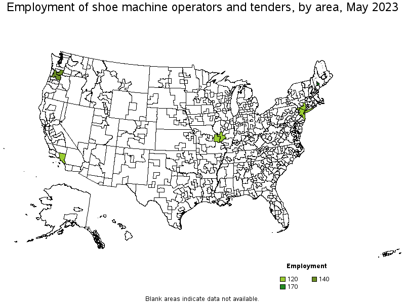 Map of employment of shoe machine operators and tenders by area, May 2023