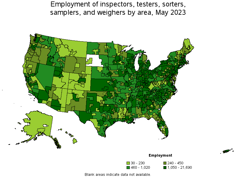 Map of employment of inspectors, testers, sorters, samplers, and weighers by area, May 2021