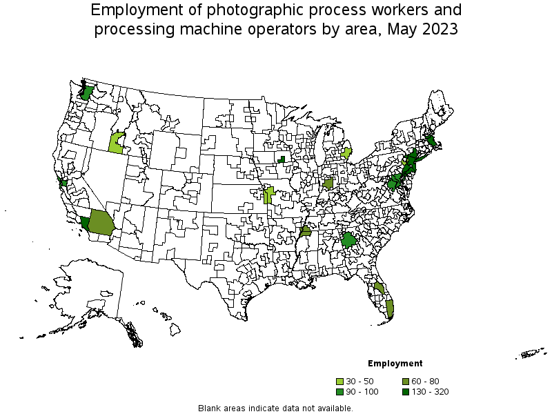 Map of employment of photographic process workers and processing machine operators by area, May 2021