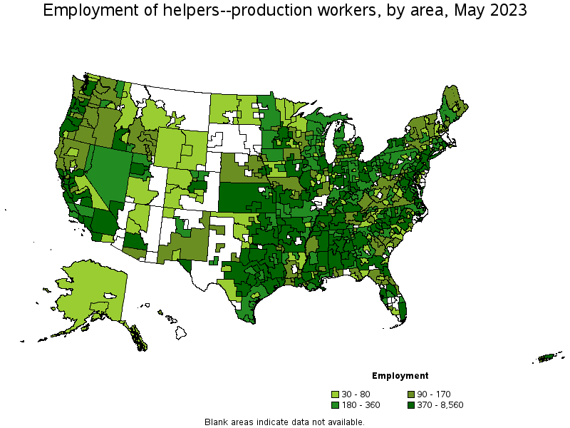 Map of employment of helpers--production workers by area, May 2023