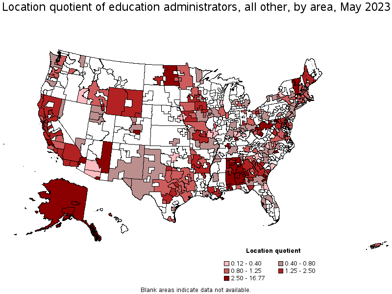Map of location quotient of education administrators, all other by area, May 2022