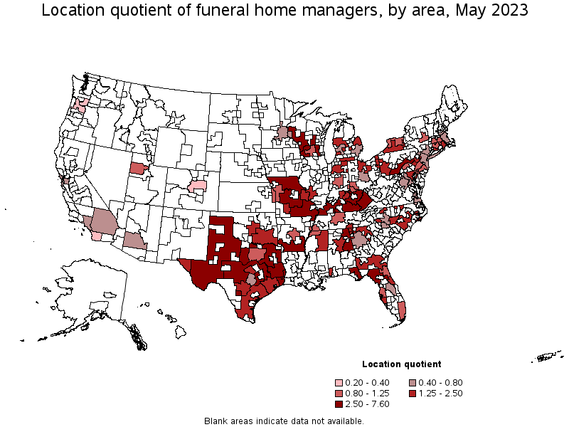 Map of location quotient of funeral home managers by area, May 2023