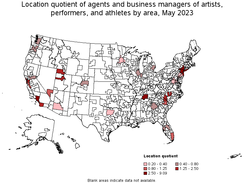 Map of location quotient of agents and business managers of artists, performers, and athletes by area, May 2021