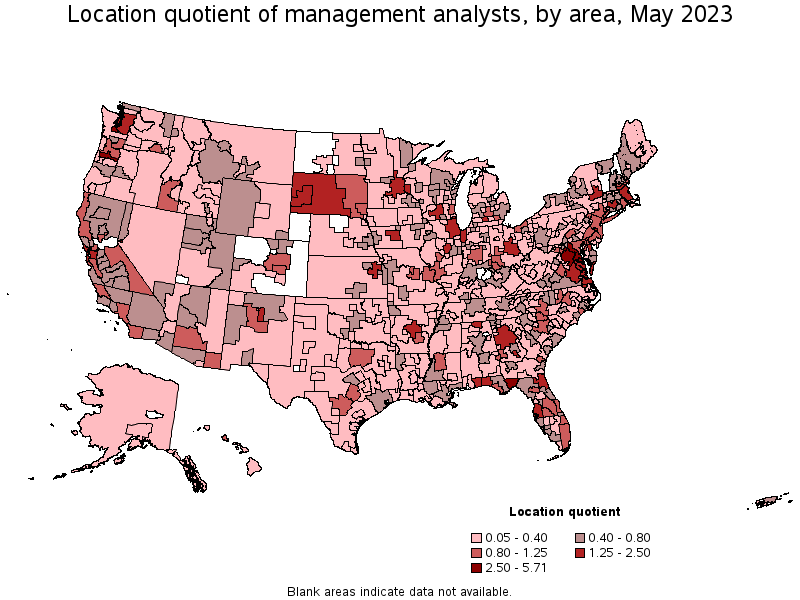 Map of location quotient of management analysts by area, May 2023