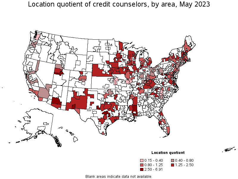 Map of location quotient of credit counselors by area, May 2021