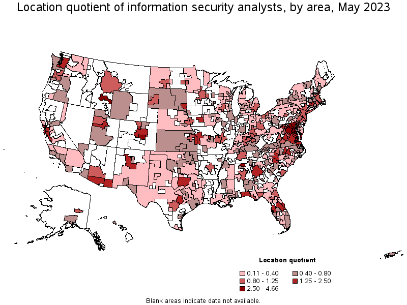 Map of location quotient of information security analysts by area, May 2022