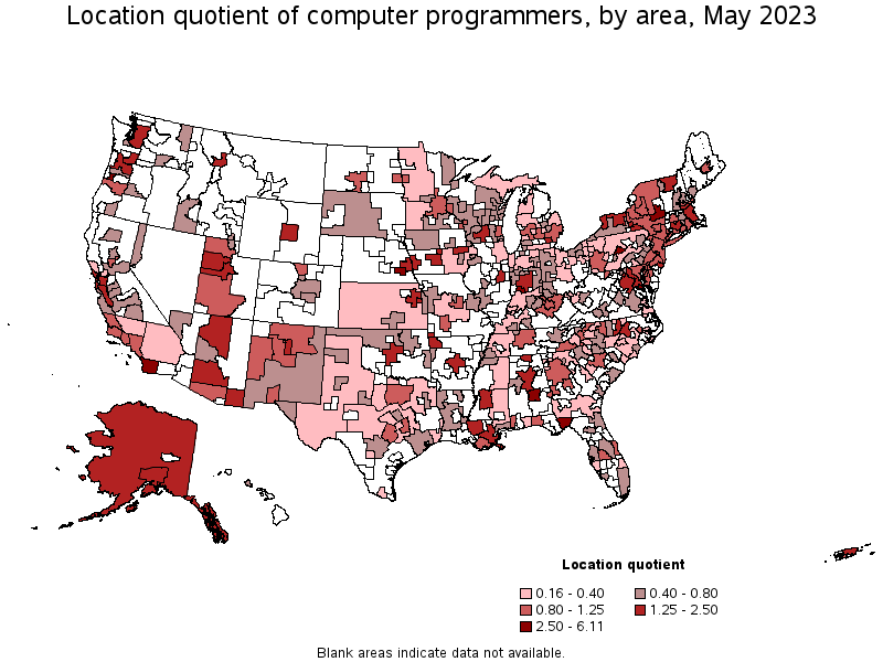 Map of location quotient of computer programmers by area, May 2021