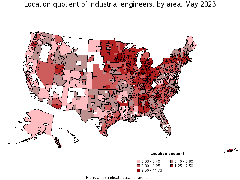 Map of location quotient of industrial engineers by area, May 2021