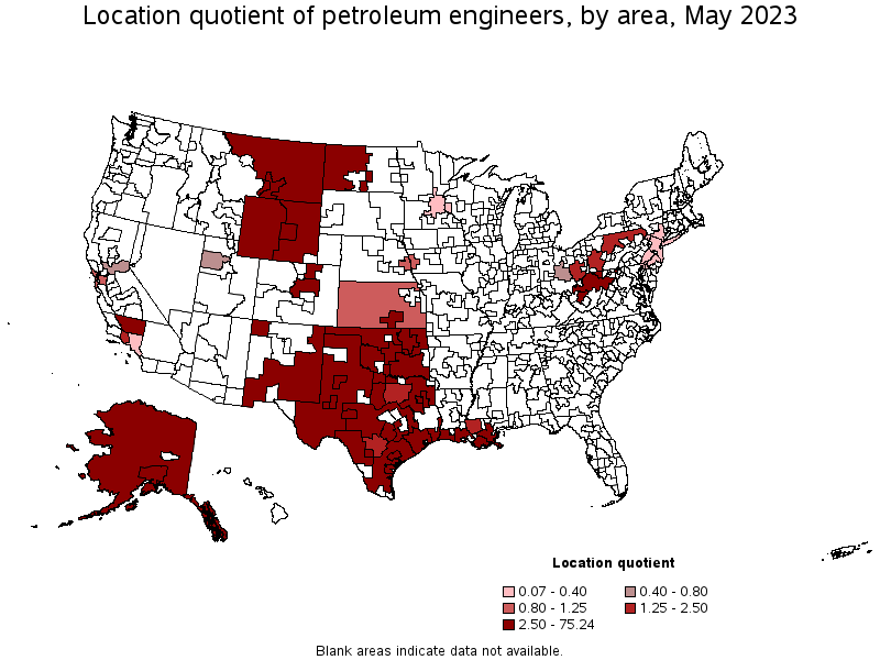 Map of location quotient of petroleum engineers by area, May 2021