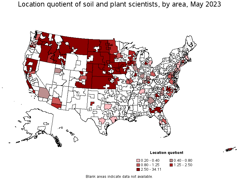 Map of location quotient of soil and plant scientists by area, May 2022